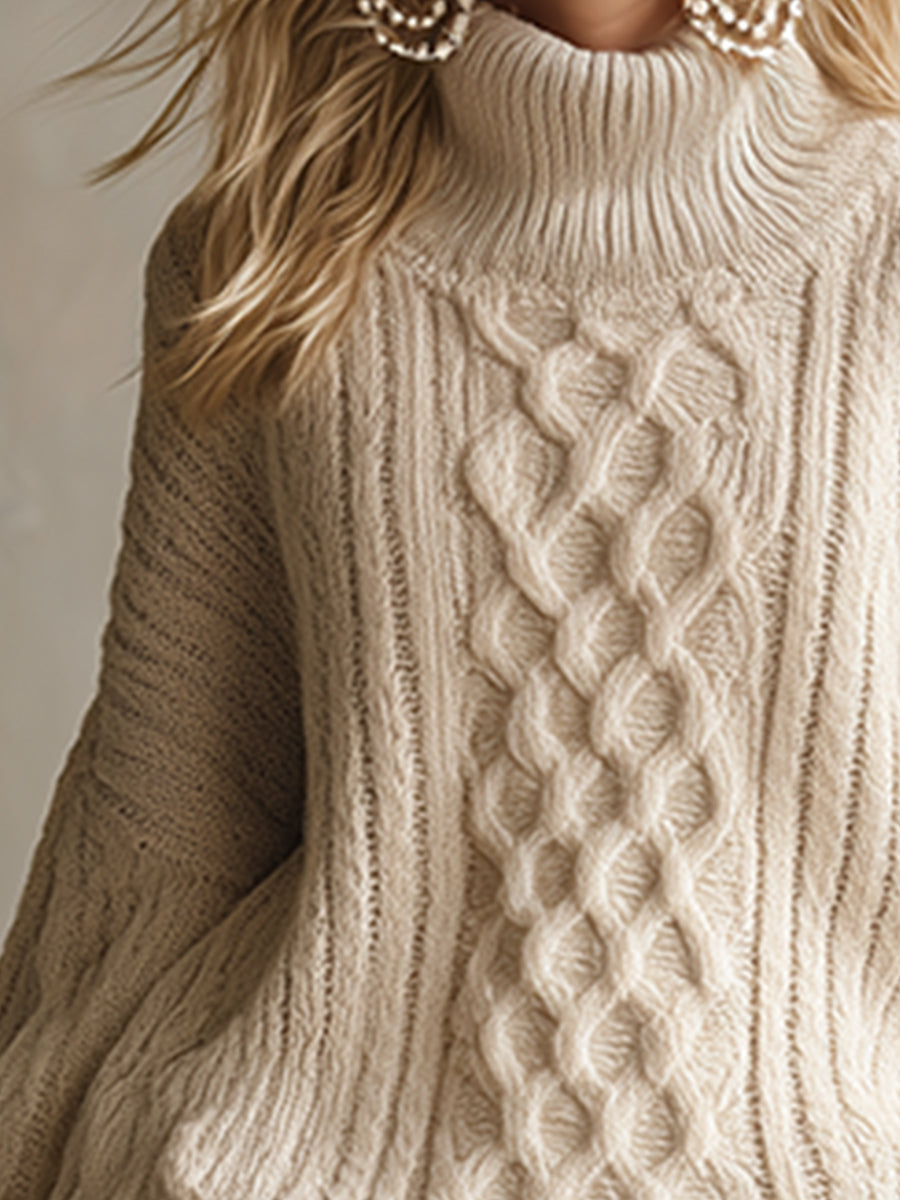 Elegant Loose Turtleneck Off-white Cable Knit Sweater
