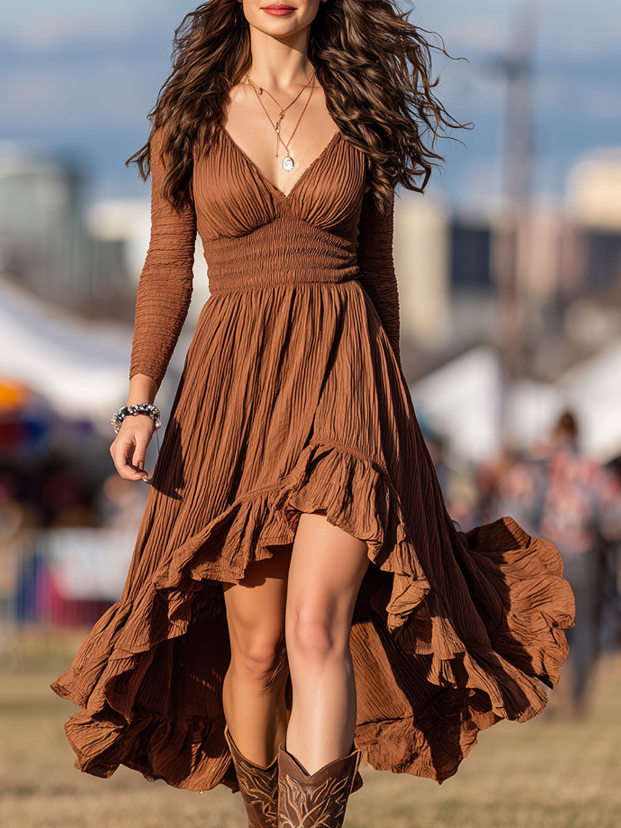 Western Retro Caramel Textured Pleated Long Sleeve Ruffled Midi Dress
