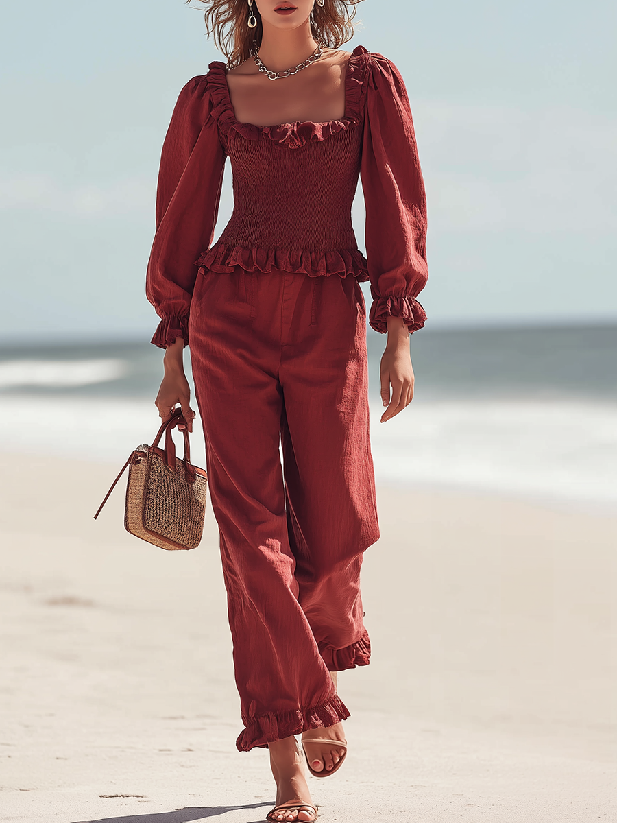 Vacation-style Red Cotton Long-sleeved Shirt And Trousers Set