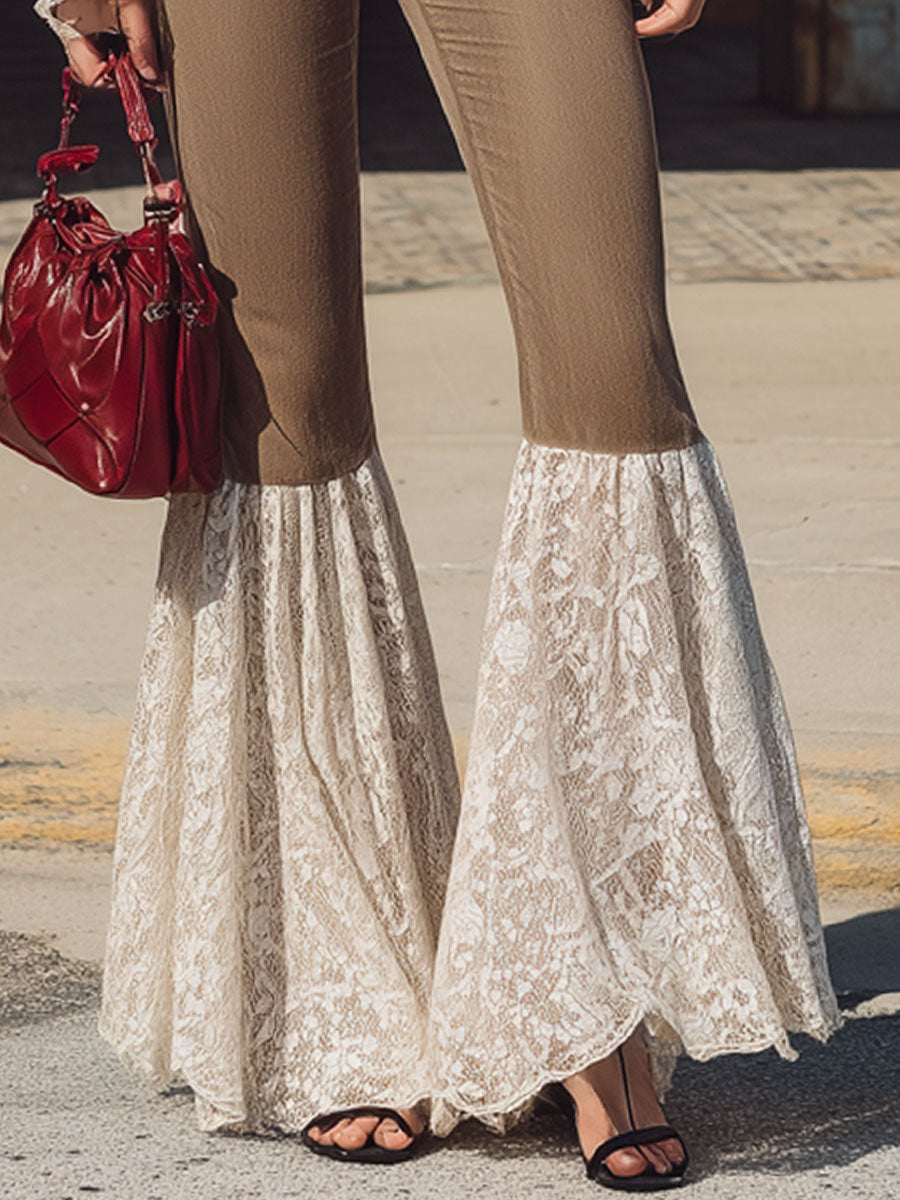 Vintage Bohemian Camel Cotton Lace Flared Pants
