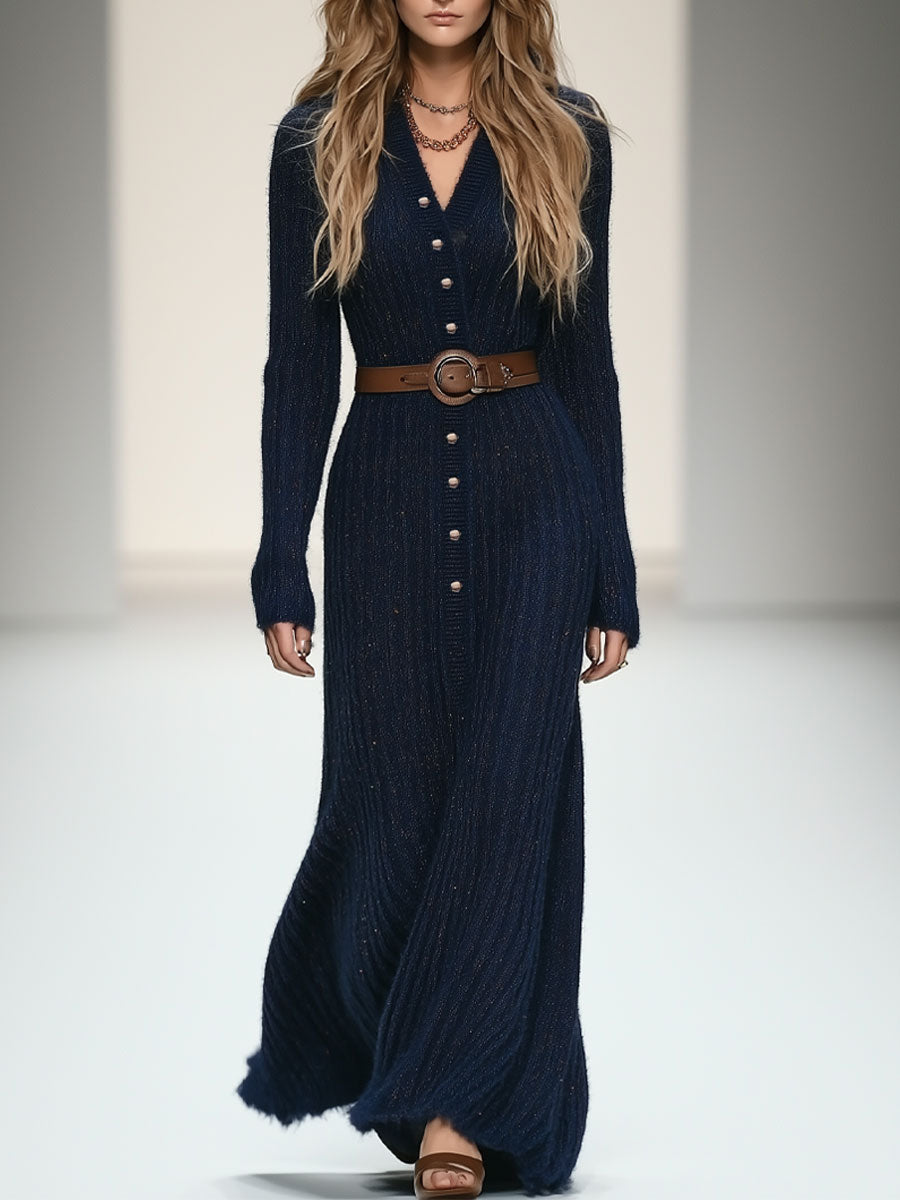 Fashionable And Elegant Dark Blue V-Neck Waist Long-Sleeved Maxi Dress