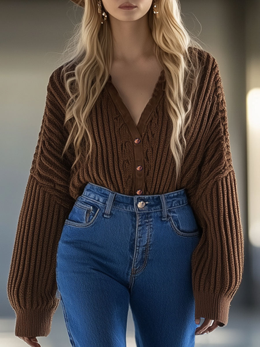 Retro Casual Loose V-Neck Brown Knitted Cardigan