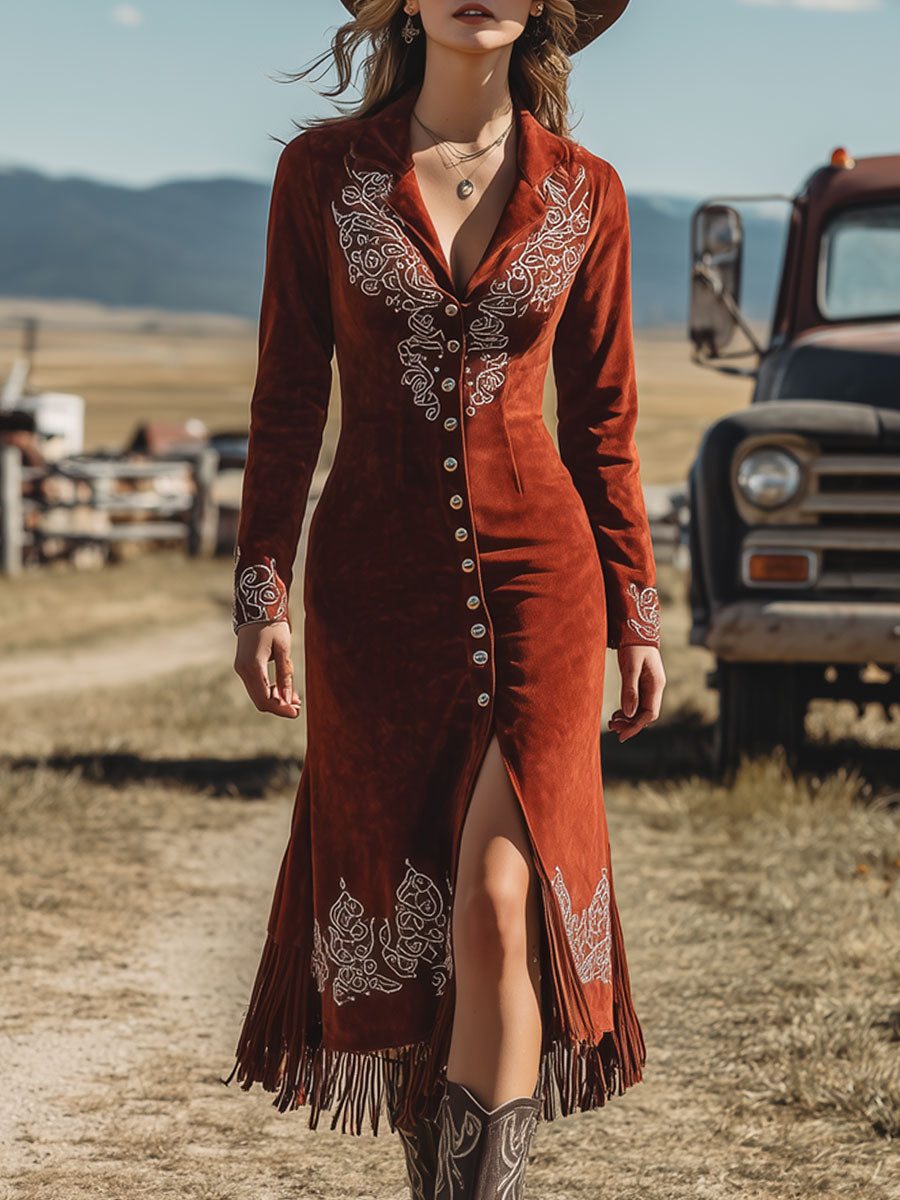 Western Vintage White Ethnic Embroidery Brick Red Suede Tassel Midi Dress