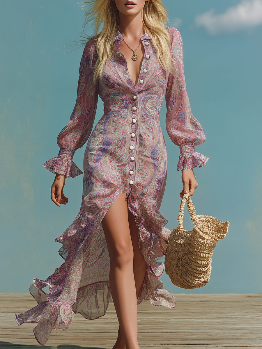 Romantic Retro Pinkish-purple Paisley Print Chiffon Maxi Dress