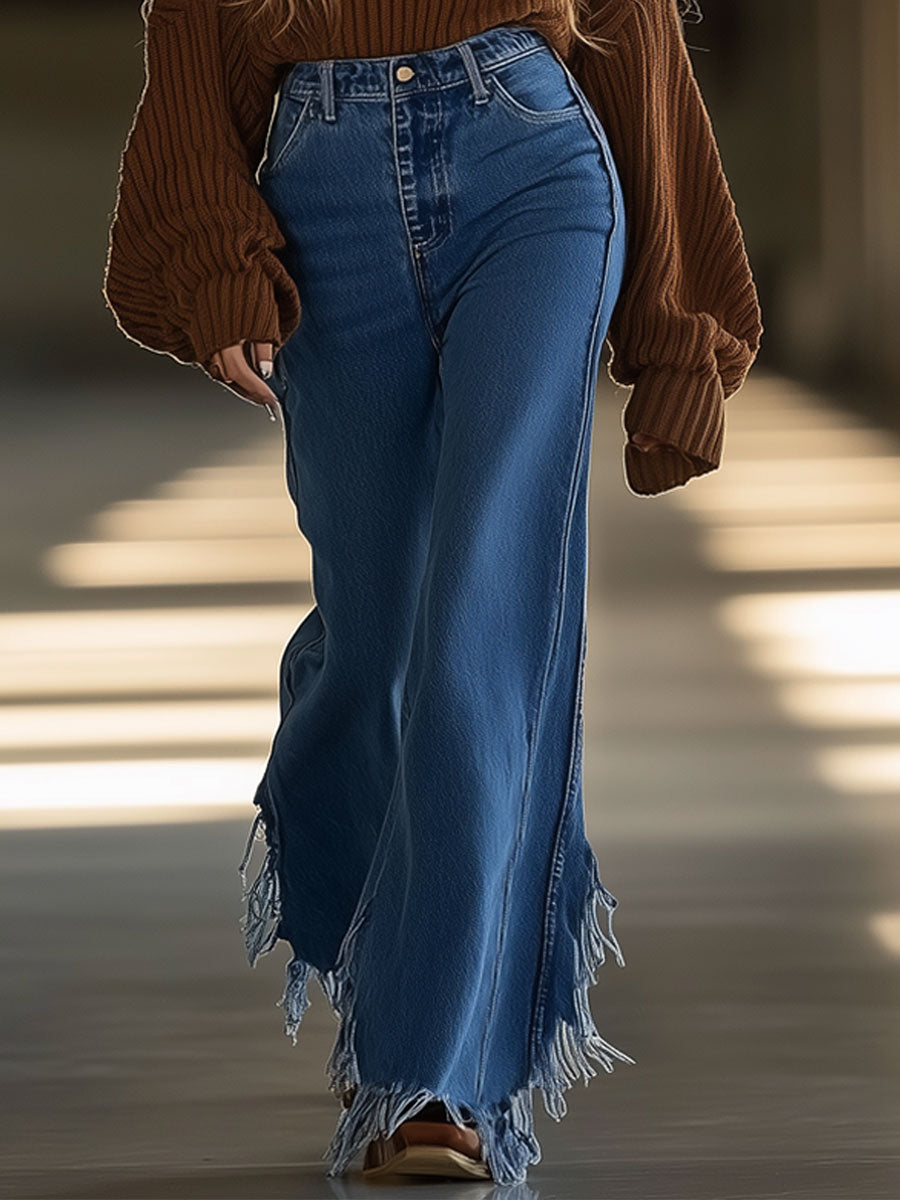 Vintage Casual Loose Raw Edge Wide Leg Flared Blue Jeans