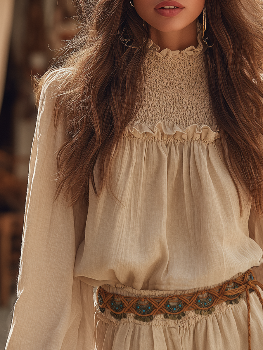 Romantic Bohemian Style Beige Cotton And Linen Top And Shorts Set