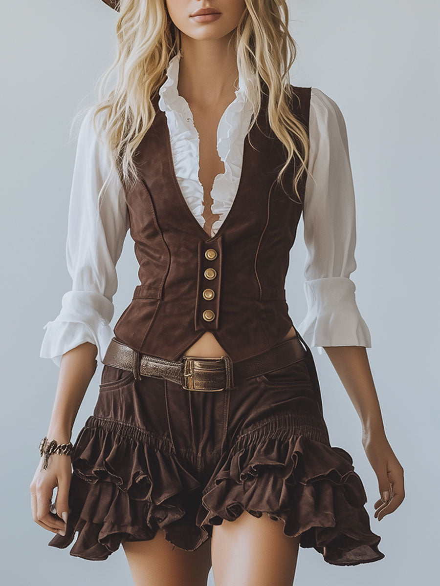Vintage Chocolate Suede Vest Lace-Up Ruffle Shorts Set