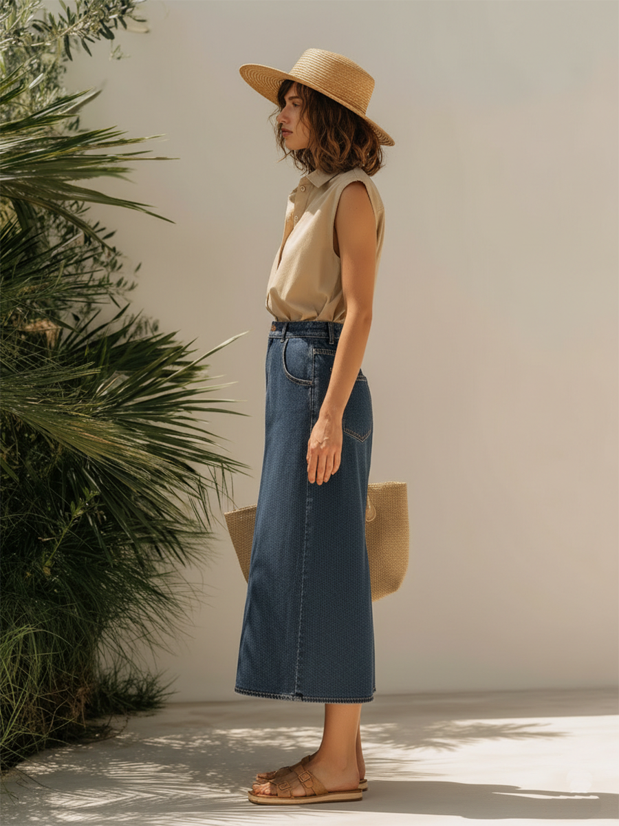 Resort Style Sleeveless Top And Denim Skirt Set