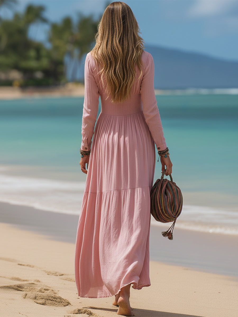 Fashionable Vacation-style Lapel And Buttons Pink Cotton-linen Maxi Dress