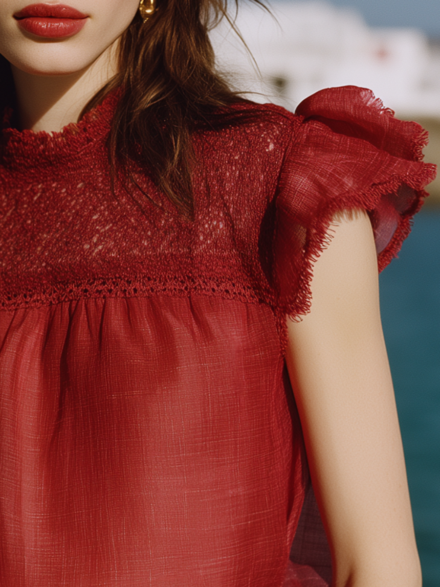 Elegant And Romantic Cotton Lace Neckline Red Top