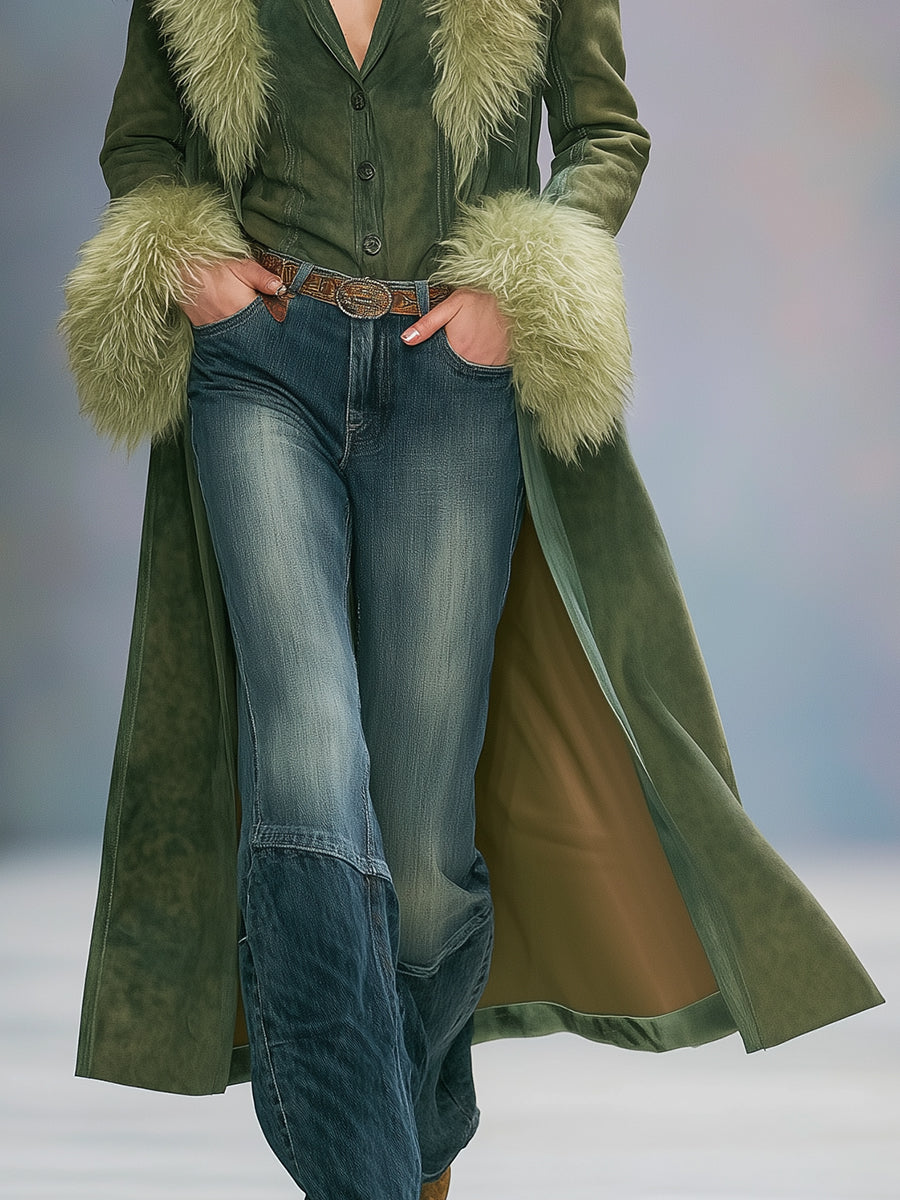 Fashion Vintage Faux Fur Trim Green Faux Suede Coat