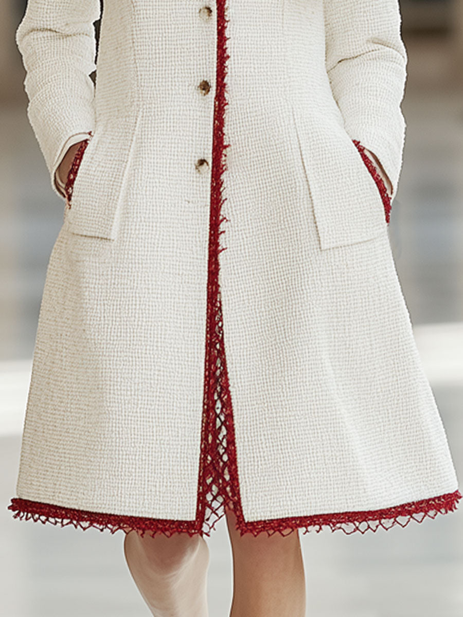 Vintage Elegant Red Trim White Tweed Round Neck Coat