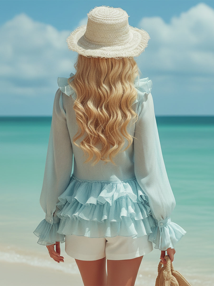 Fashionable Vacation Light Blue Ruffled Chiffon Blouse
