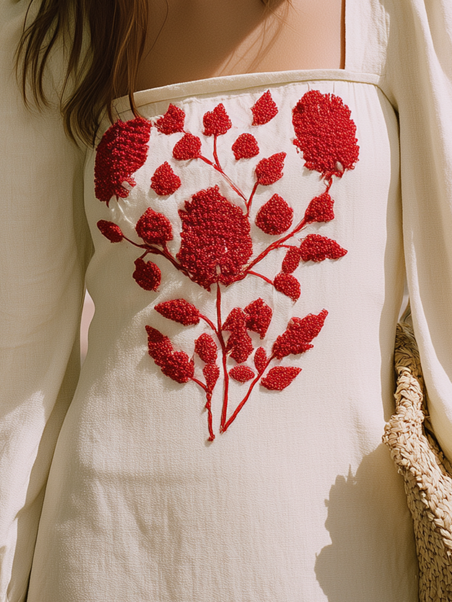 Bohemian Red 3D Embroidered Fringed Hem Off-white Cotton And Linen Mini Dress