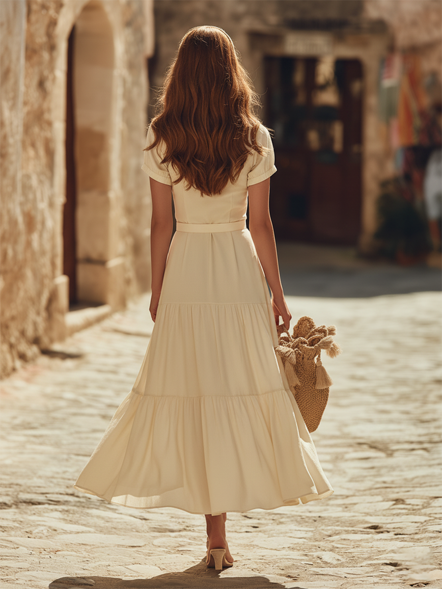 Bohemian Style Off-white Short-sleeved Shirt Maxi Dress