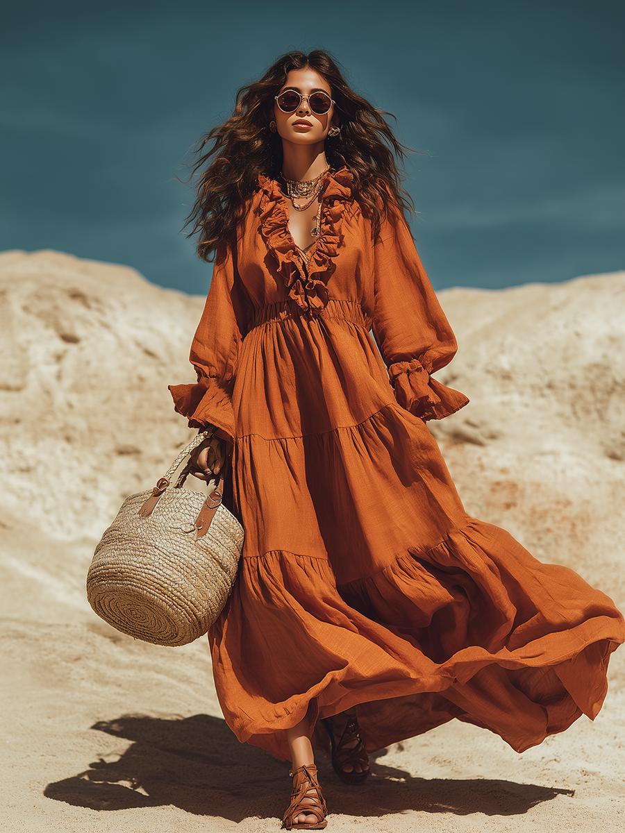 Bohemian V-neck Ruffled Pumpkin-colored Cotton-linen Maxi Dress
