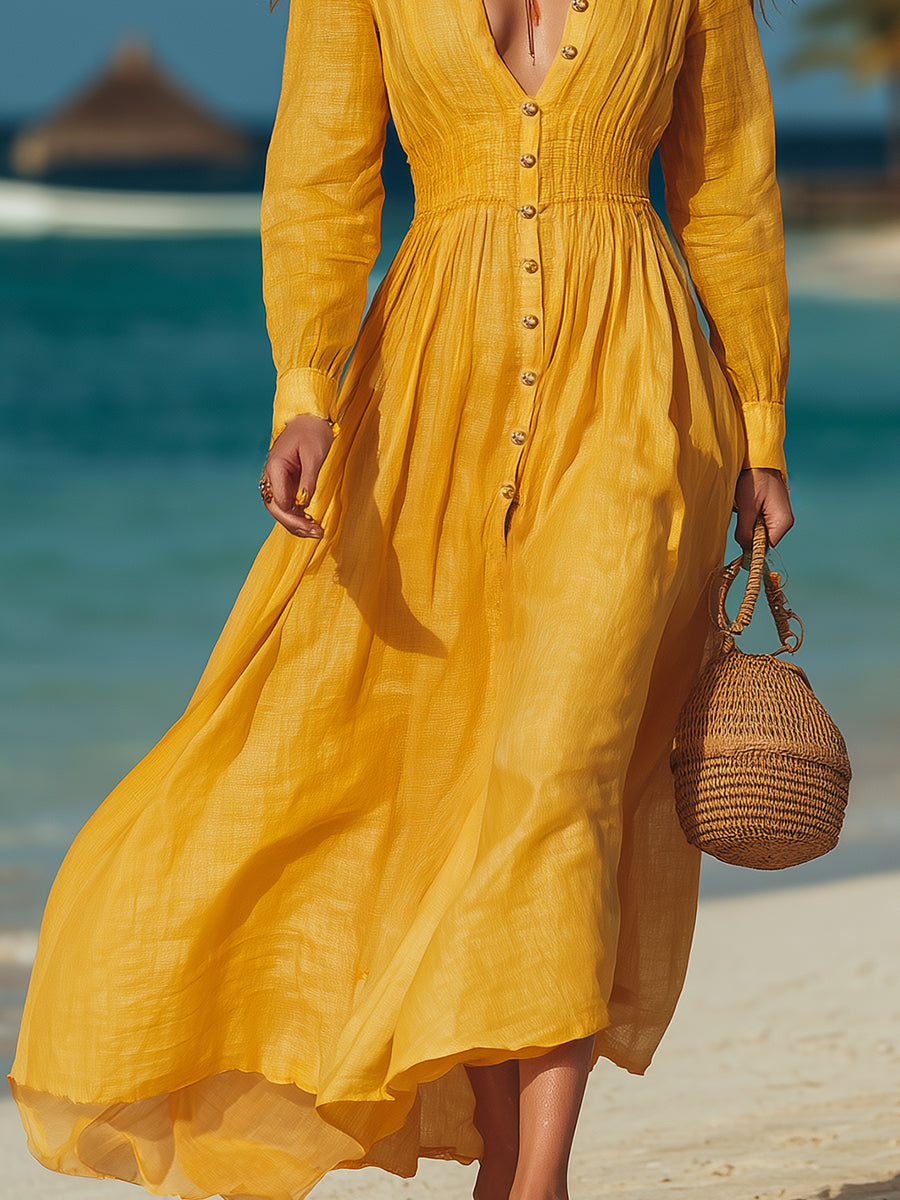 French Resort Style Yellow Cotton Linen Button-down Long-sleeved Maxi Dress