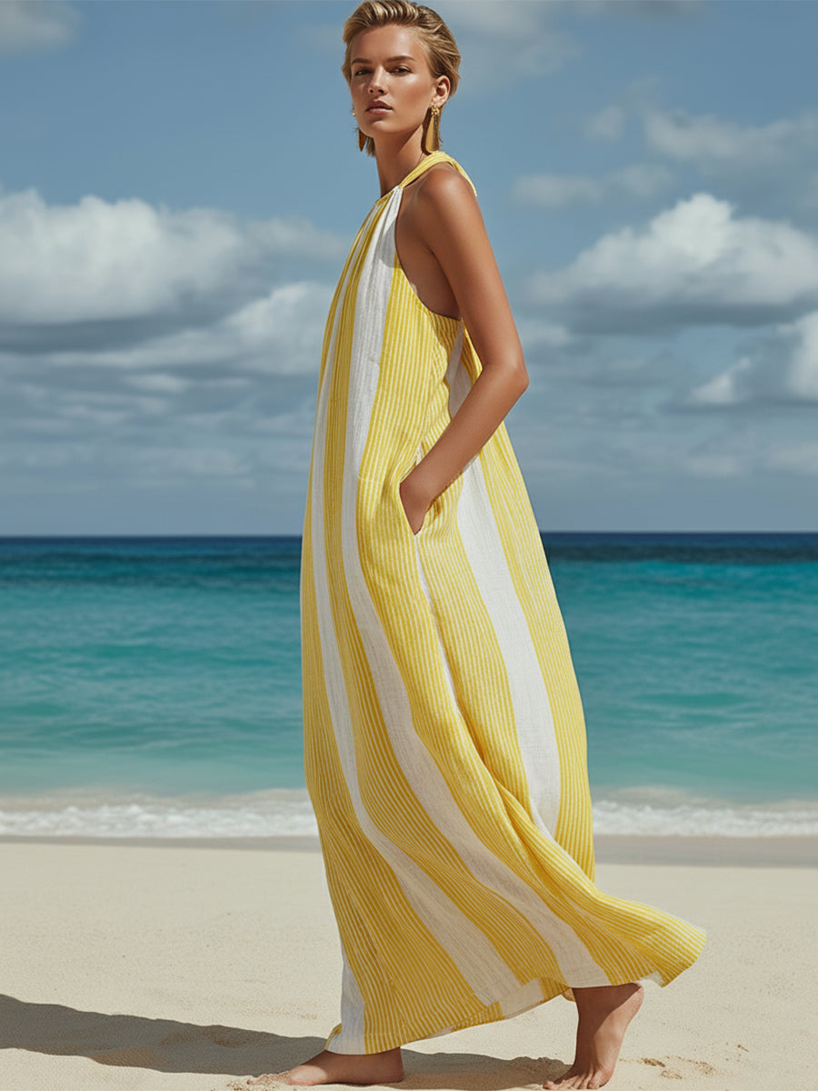 Lazy Vacation Yellow And White Striped Cotton And Linen Loose Halter Neck Sleeveless Maxi Dress