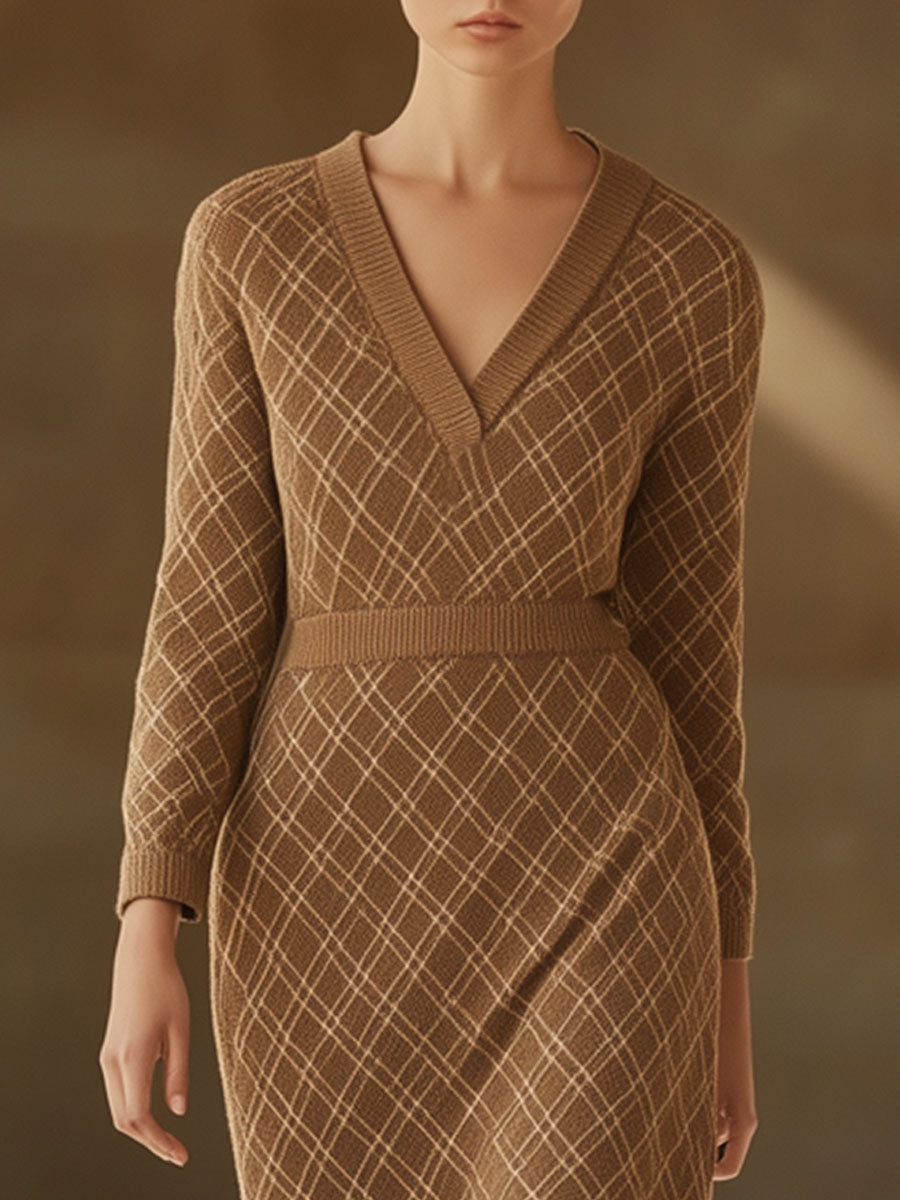 Vintage Camel Knit V-Neck Diamond Check Long Sleeve Mini Dress