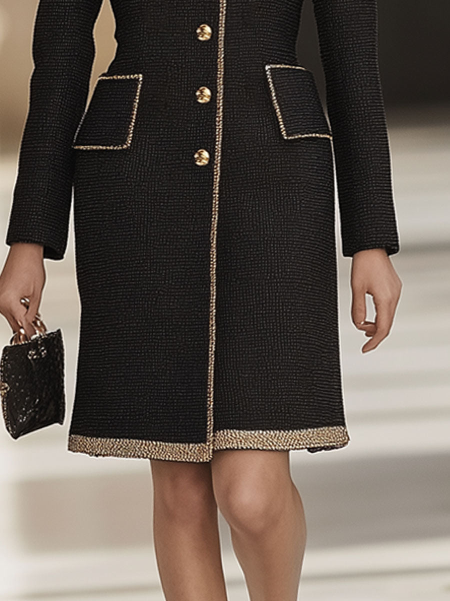 Retro Elegant Gold Trim Black Tweed Suit Coat