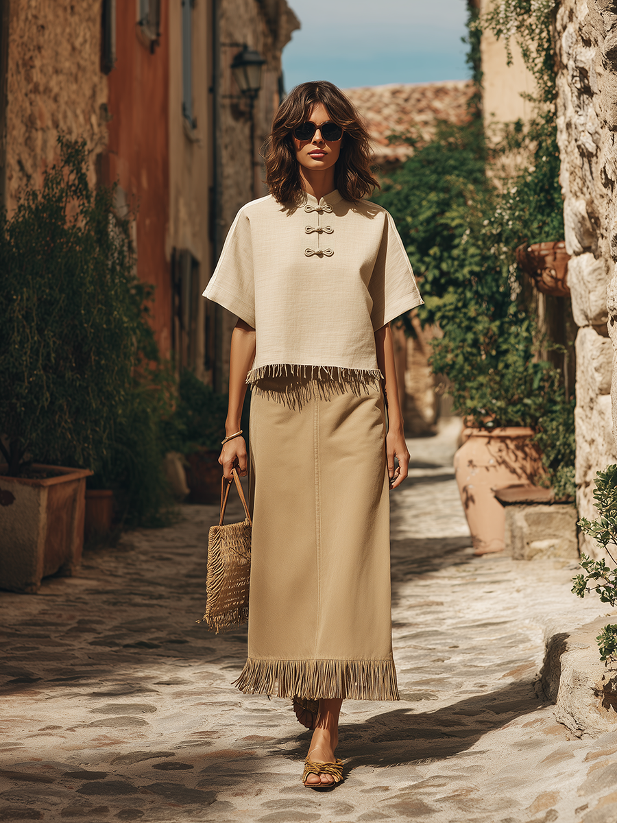 Bohemian Style Tassel Short-sleeved Top And Skirt Set