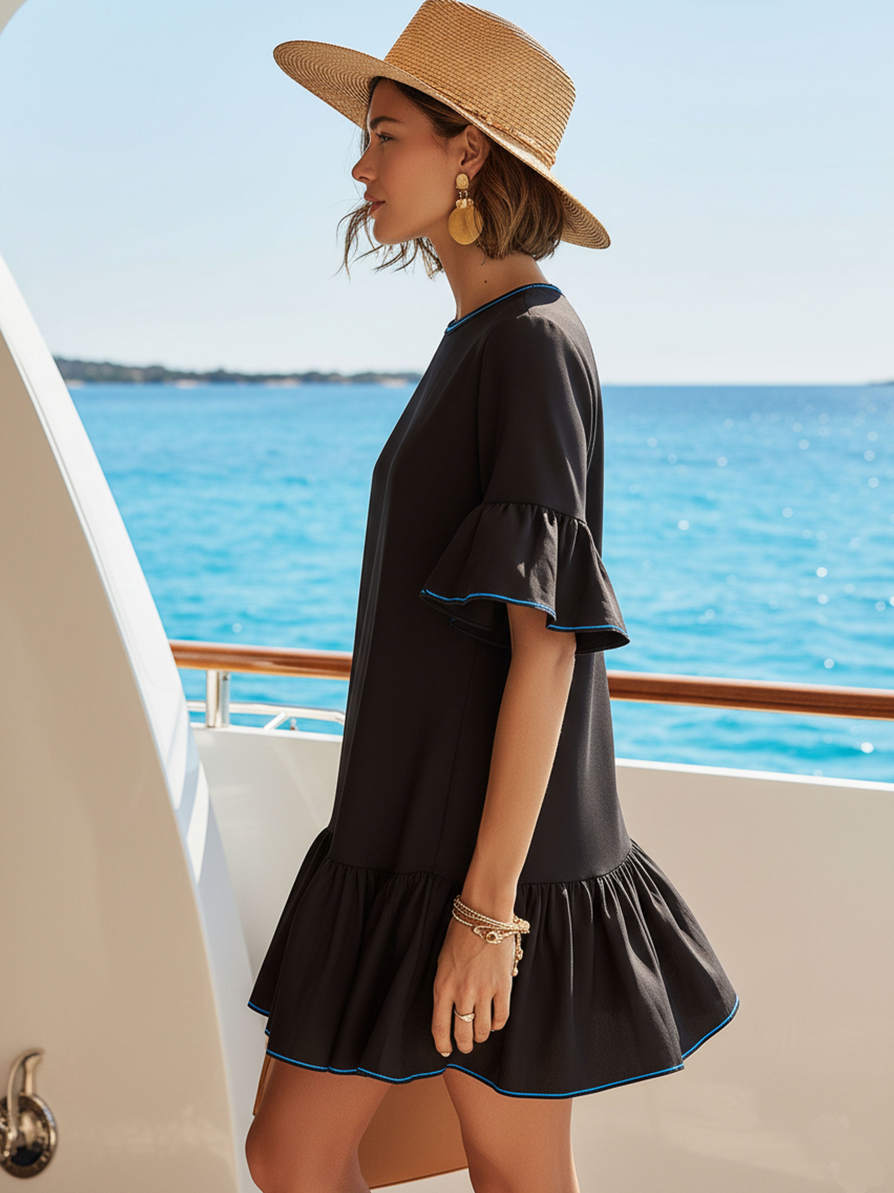 Elegant Black Ruffled Short-Sleeved With Blue Piping Mini Dress