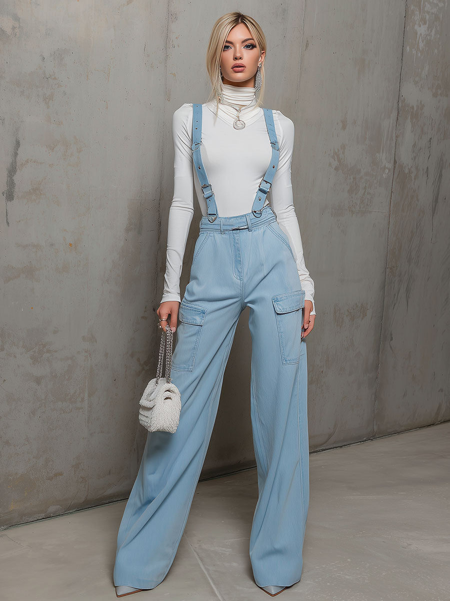 Retro Fashion Blue Overalls Wide-Leg Jeans