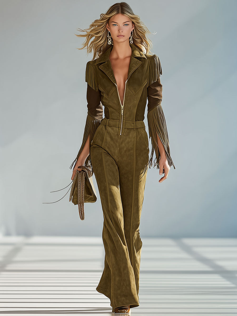 Fashion Retro Olive Green Faux Suede Lapel Tassel Long Sleeve Jumpsuit
