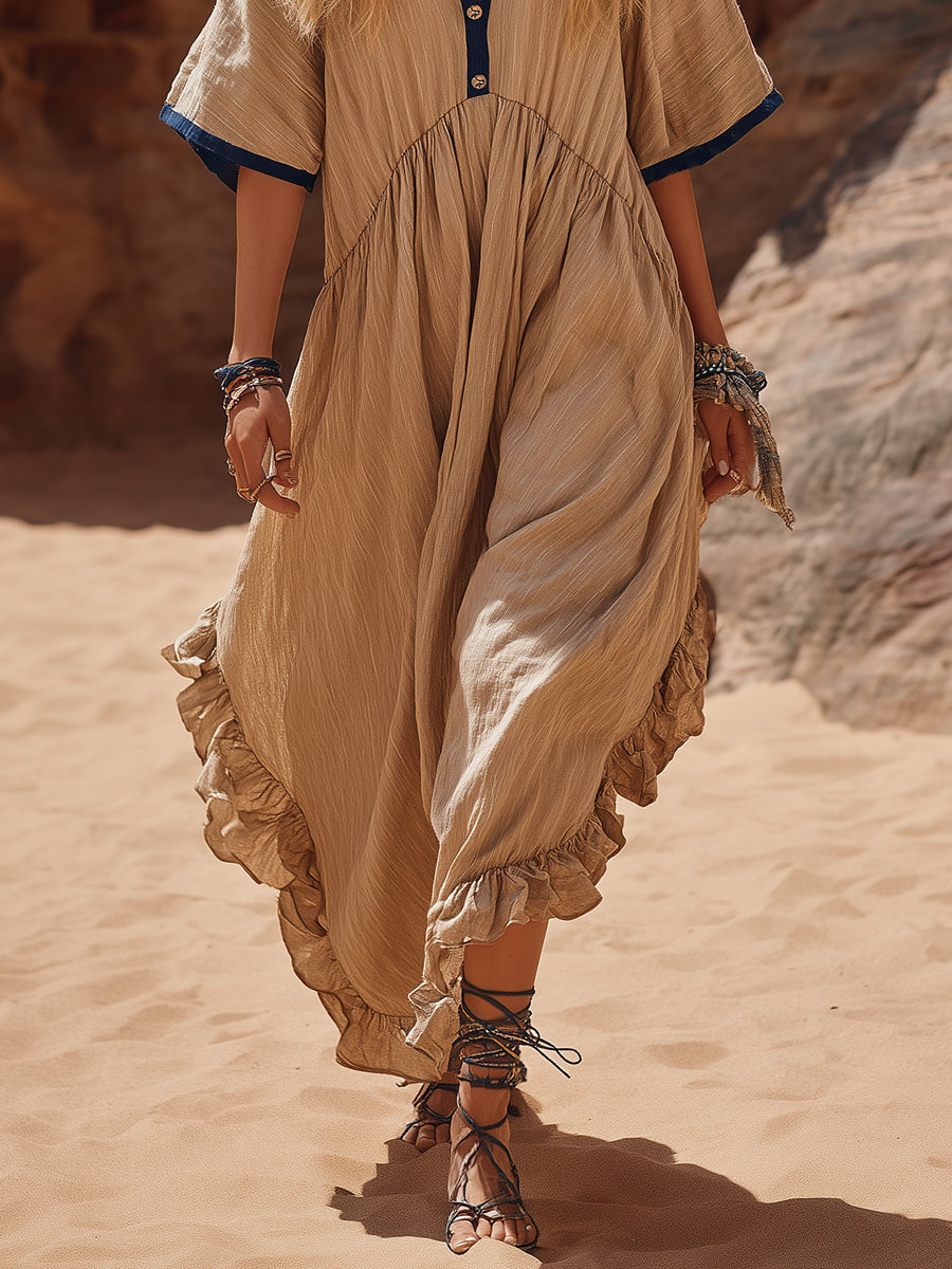 Casual Bohemian Navy Blue Trim Beige Cotton Linen Ruffled Loose Midi Dress