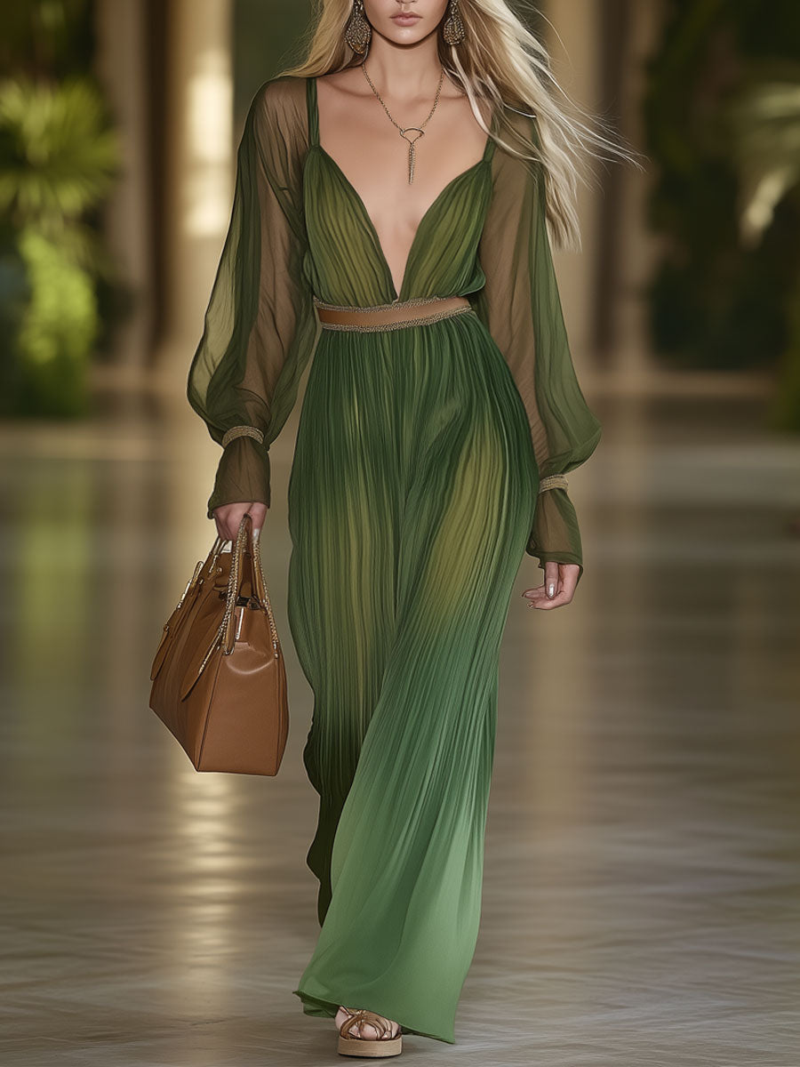 Elegant And Fashionable Forest Green Chiffon Tulle Long-Sleeved Jumpsuit