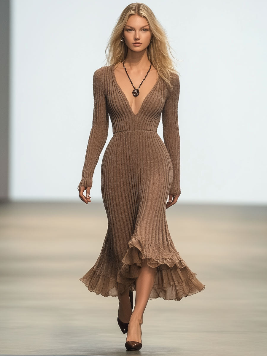 Fashionable And Elegant Light Brown V-Neck Lace Long-Sleeved Woolen Midi Dress