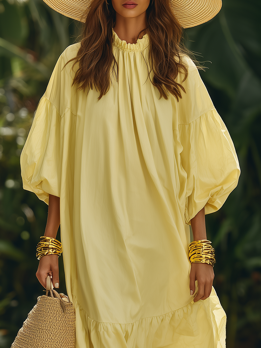 Casual Vacation Yellow Cotton Short-sleeved Maxi Dress