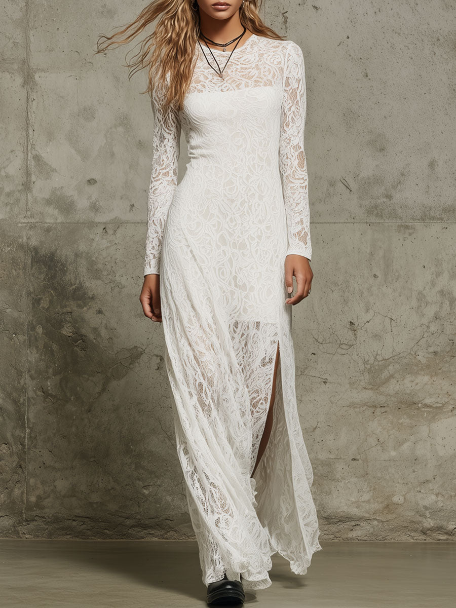 Fashion Retro White Lace Round Neck Long Sleeve Slit Maxi Dress