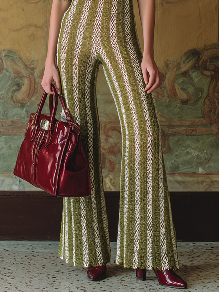 Retro Simple White And Green Striped Knitted Mesh Wide-Leg Jumpsuit
