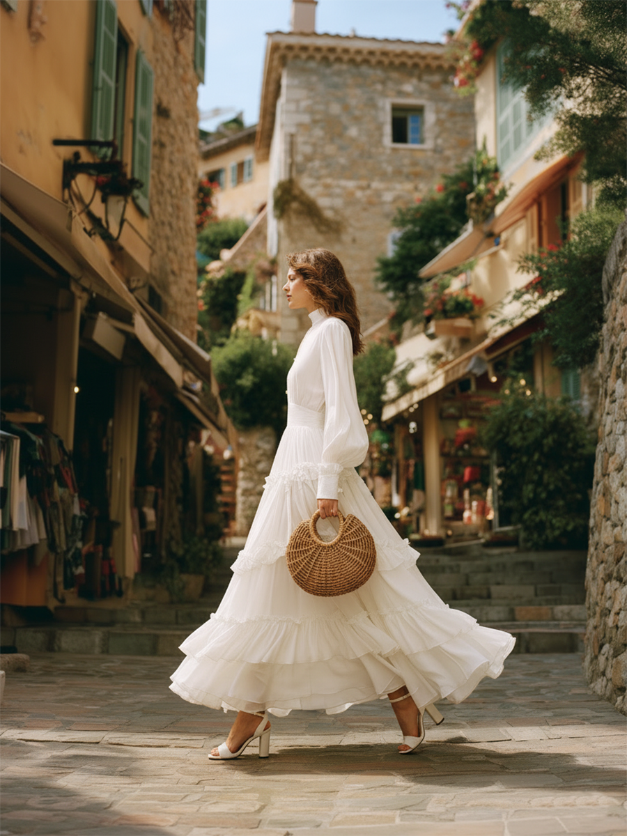 White Resort-style Chiffon Long-sleeved Maxi Dress