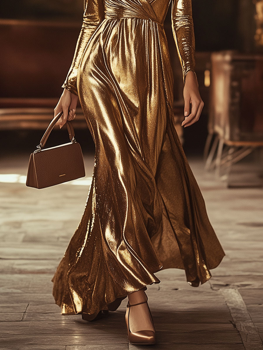Retro Elegant Champagne Gold Shiny Long Sleeve Party Maxi Dress