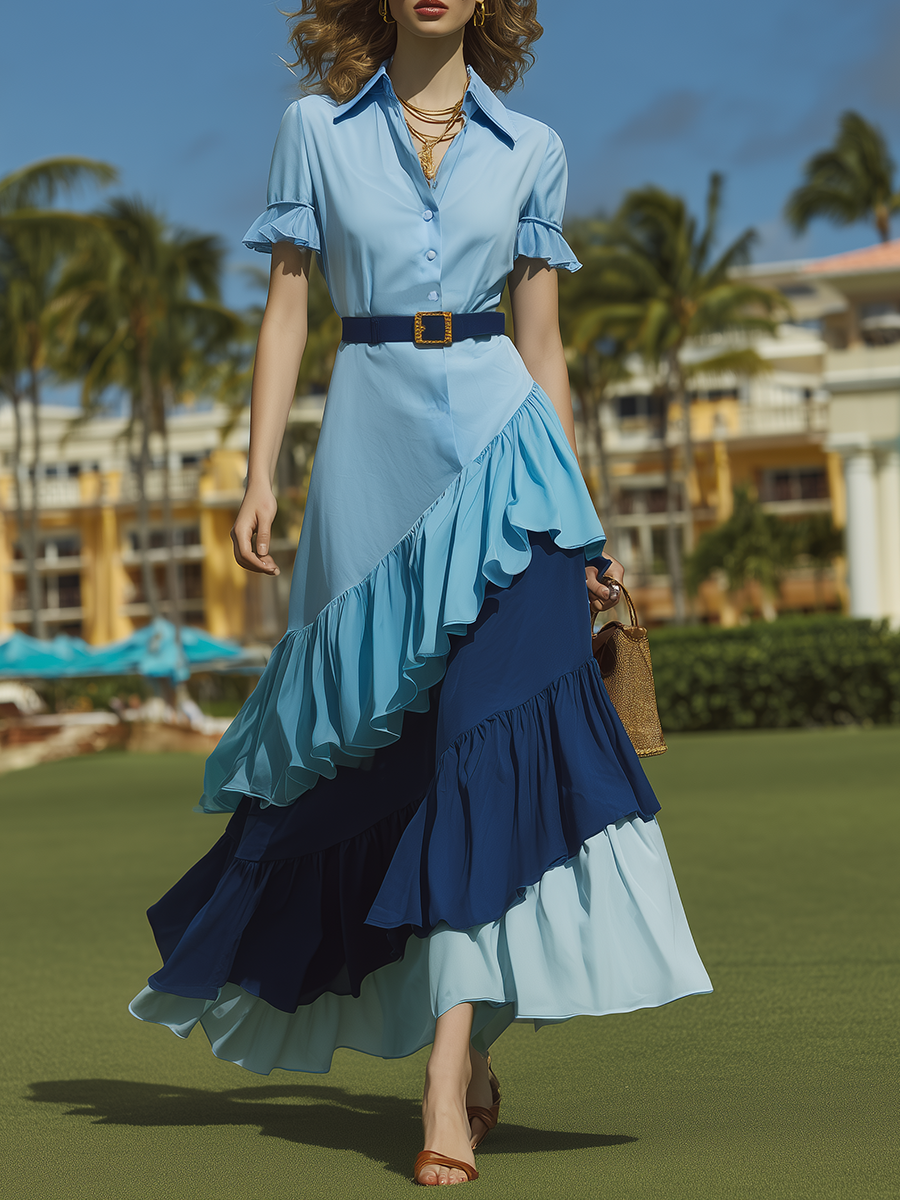 Vacation-style Cotton Short-sleeved Patchwork Maxi Dress