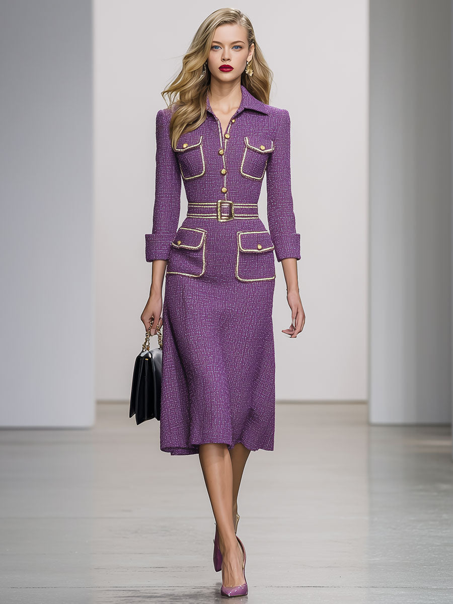 Vintage Elegant Purple Tweed Button Midi Dress