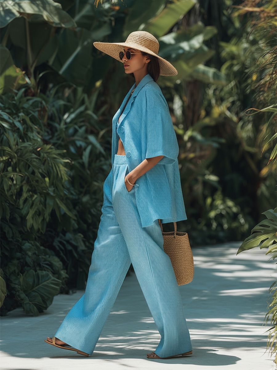 Casual Resort-style Blue Striped Short-sleeved Shirt And Wide-leg Pants Set
