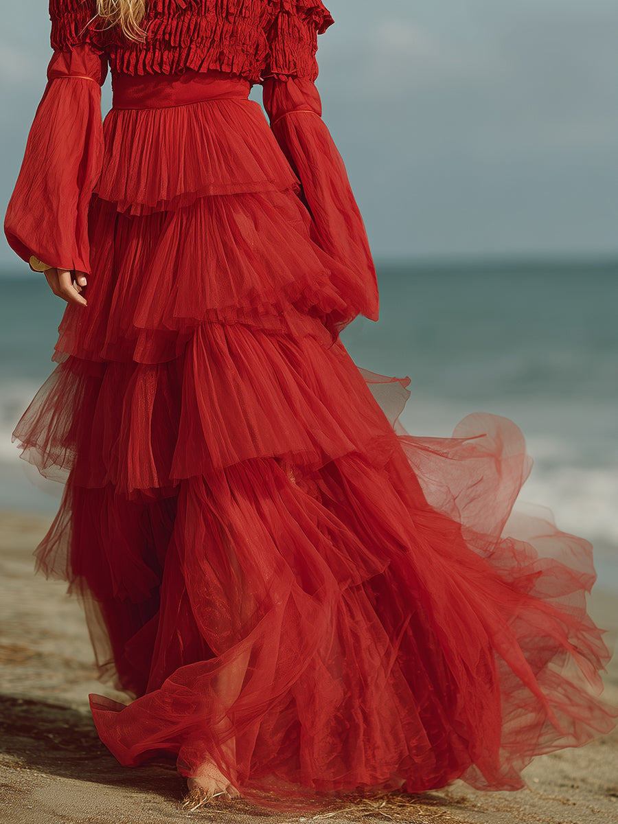 Romantic Vacation Red Tulle Off-shoulder Multi-tiered Cake Maxi Dress