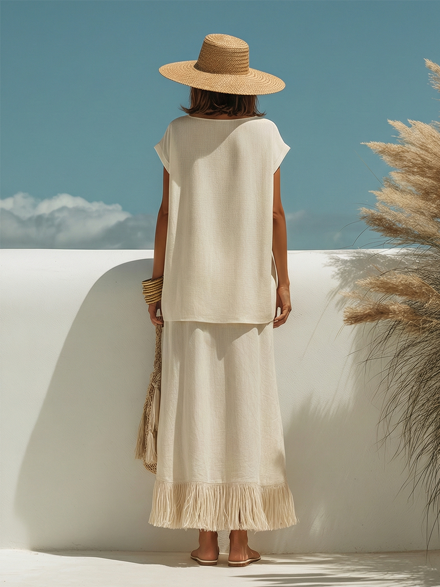 Simple Bohemian V-neck Short-sleeved Top And Fringed Skirt Cotton-linen Set
