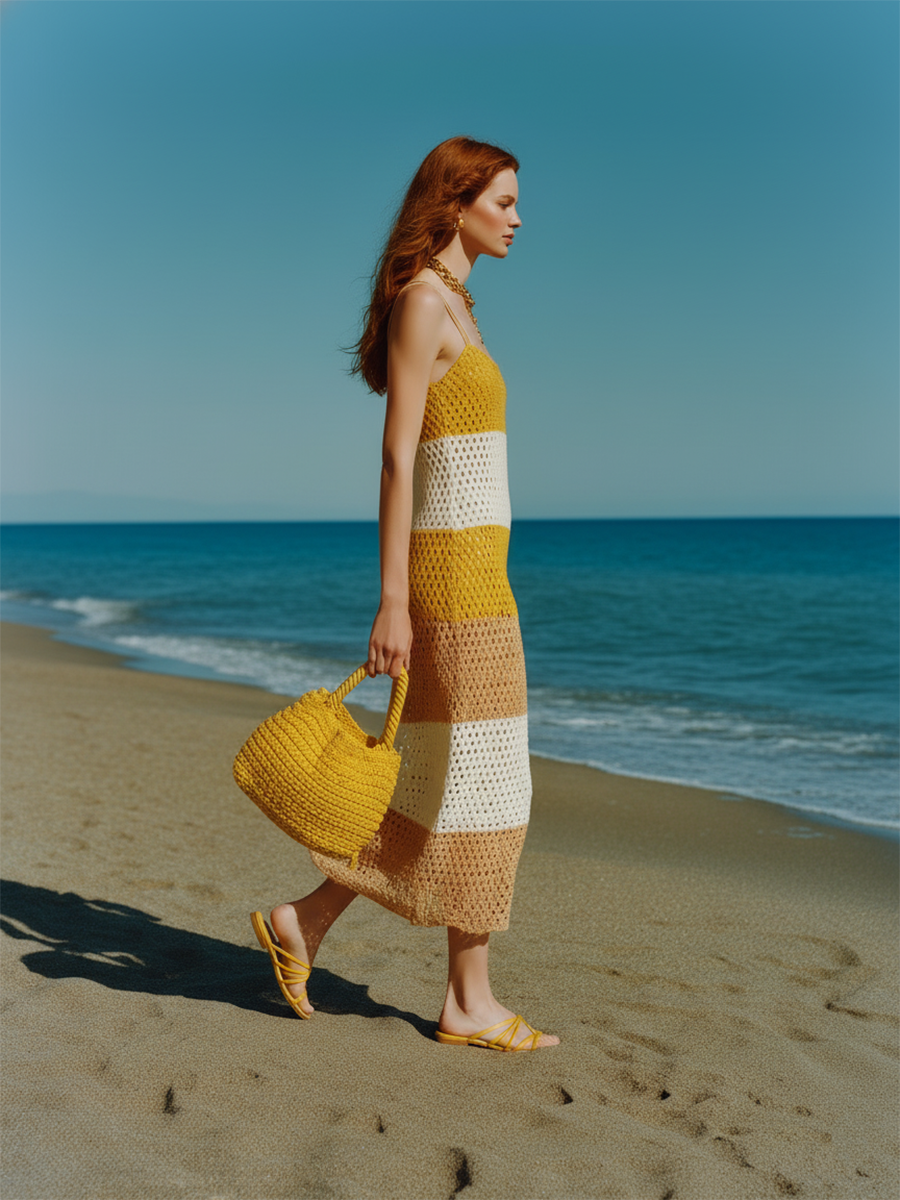 Vacation-style Knitted Strappy Maxi Dress