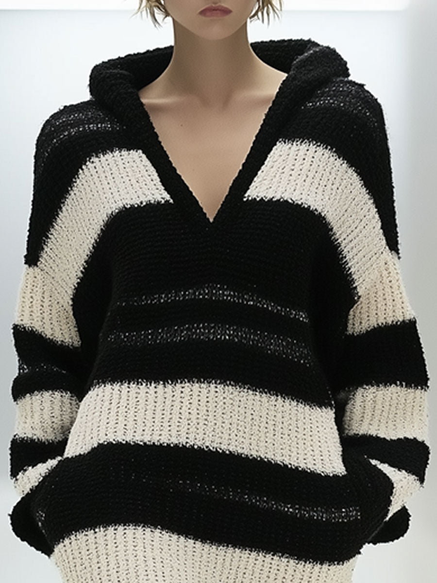 Retro Casual Loose Black And White Striped Knitted Hooded Pocket Midi Dress