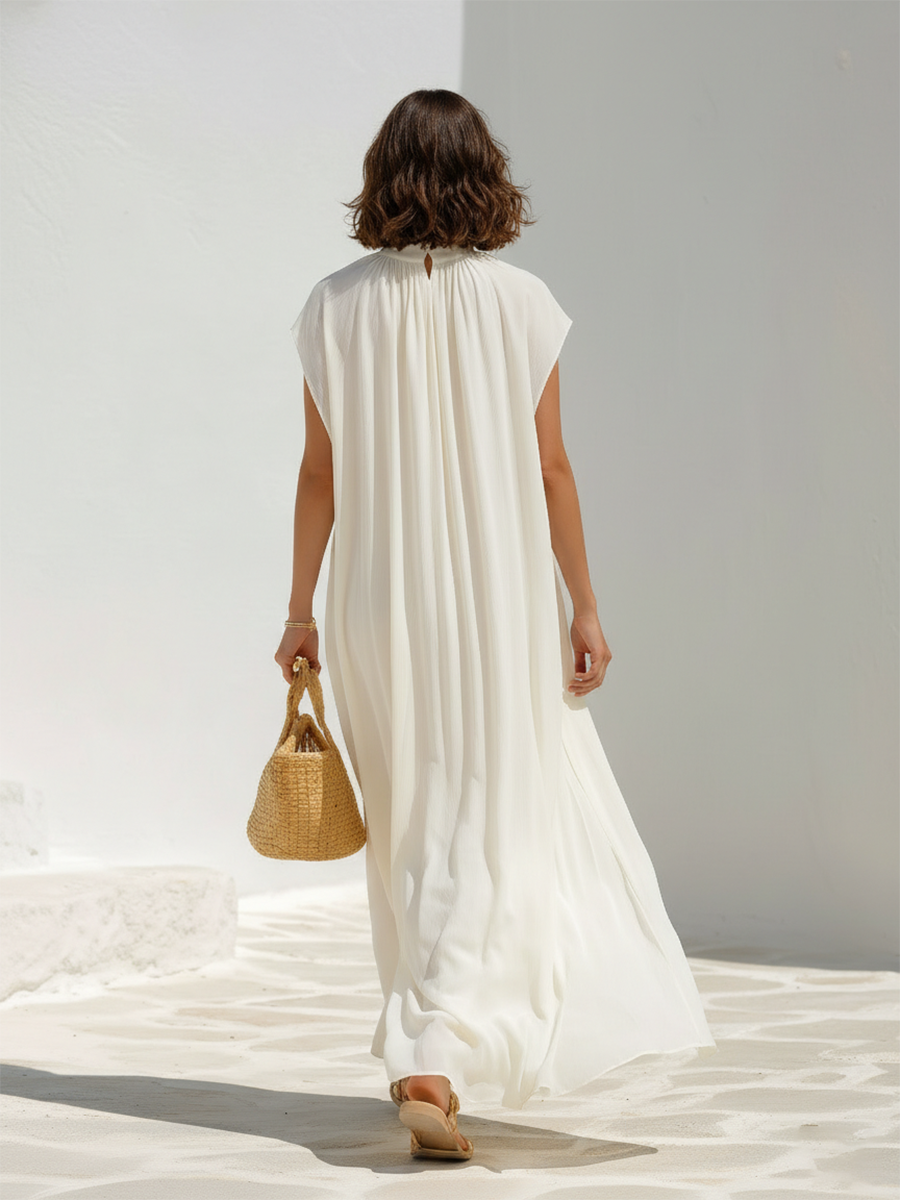 Resort-style Off-white Loose-fitting Turtleneck Short-sleeved Maxi Dress