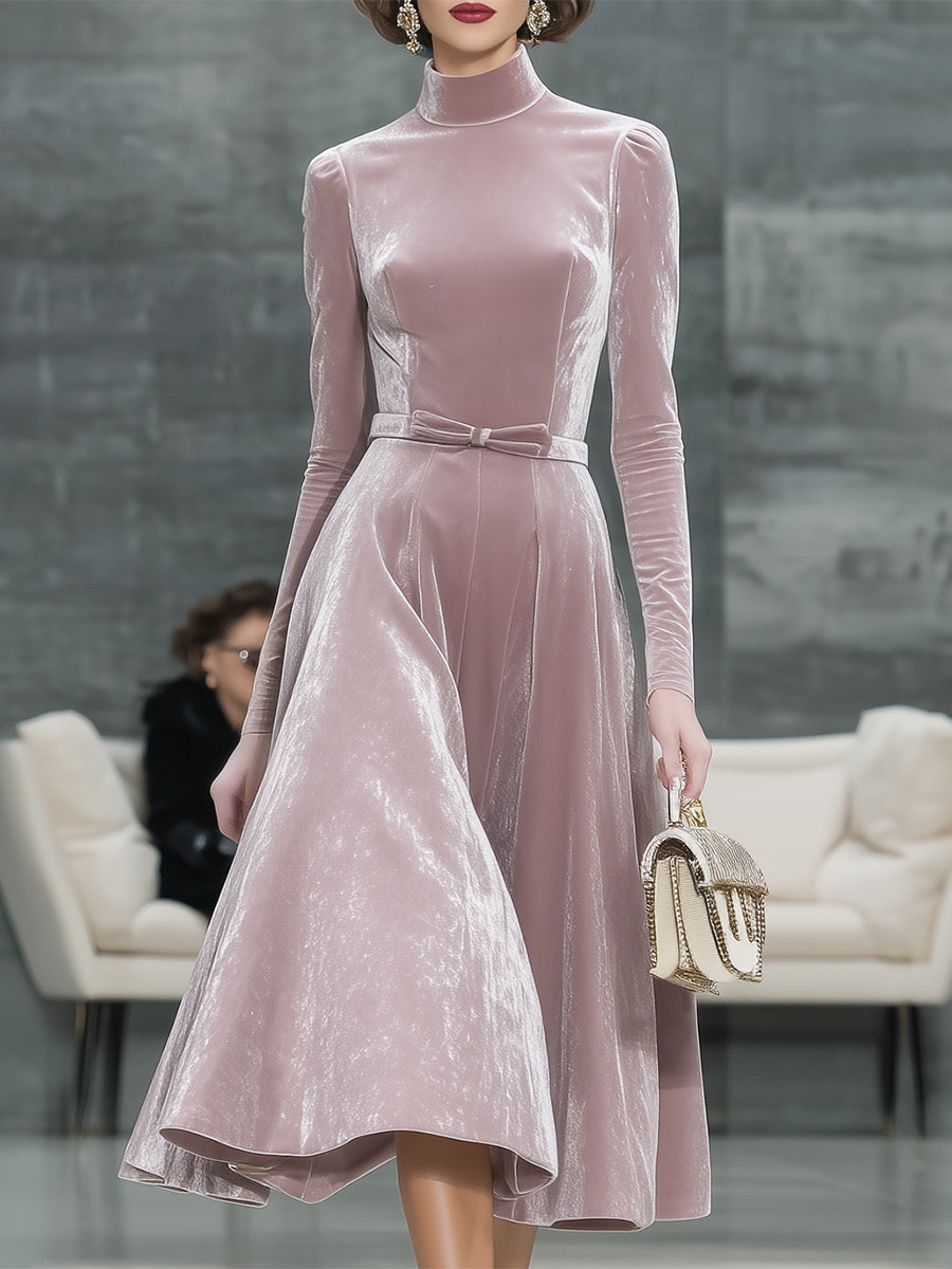 Pink Velvet Round Neck Bow Belt Flared Midi Dress