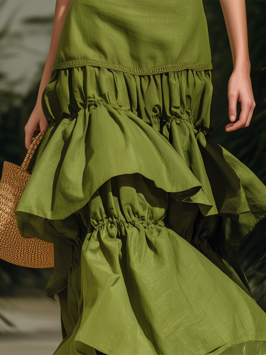 Vacation-style Cotton Green V-neck Maxi Dress