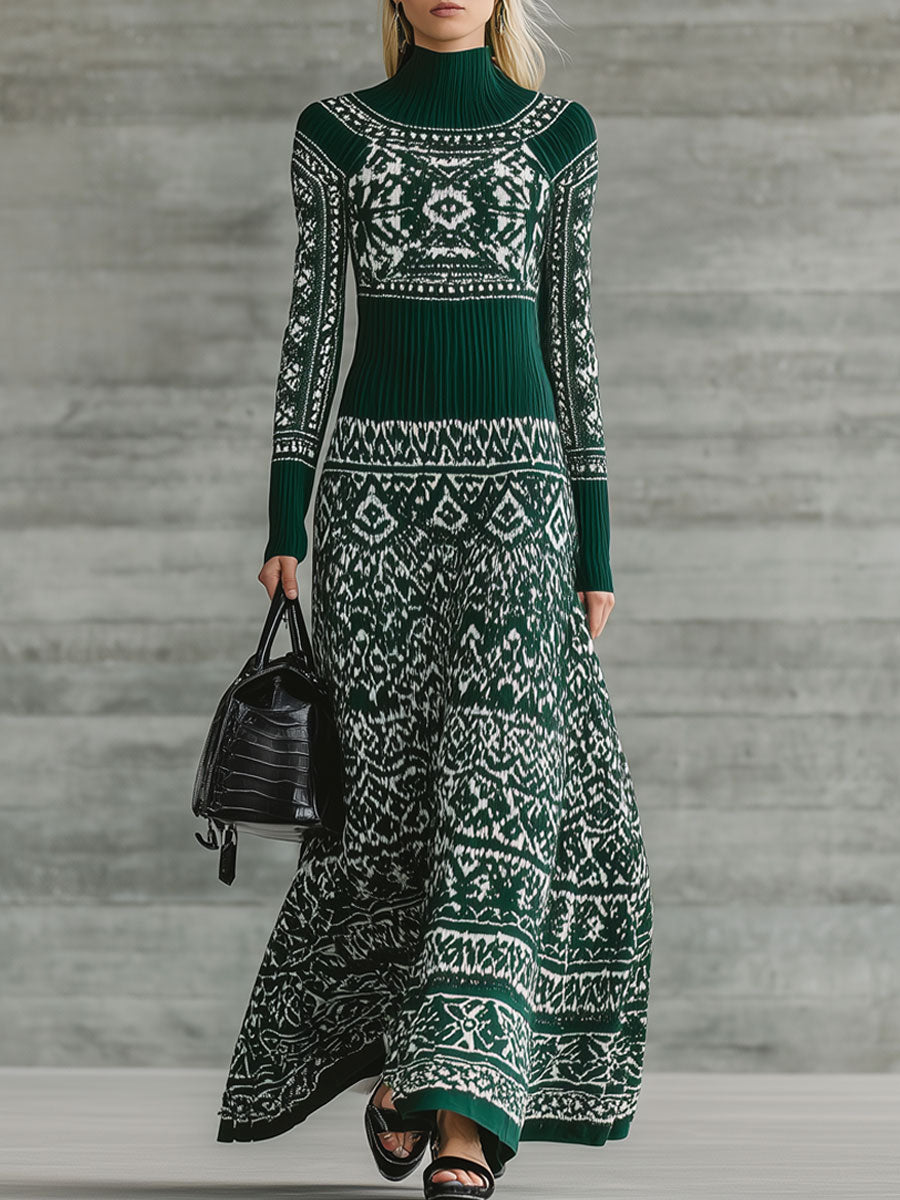 Retro Ethnic Geometric Dark Green Knitted High Collar Maxi Dress