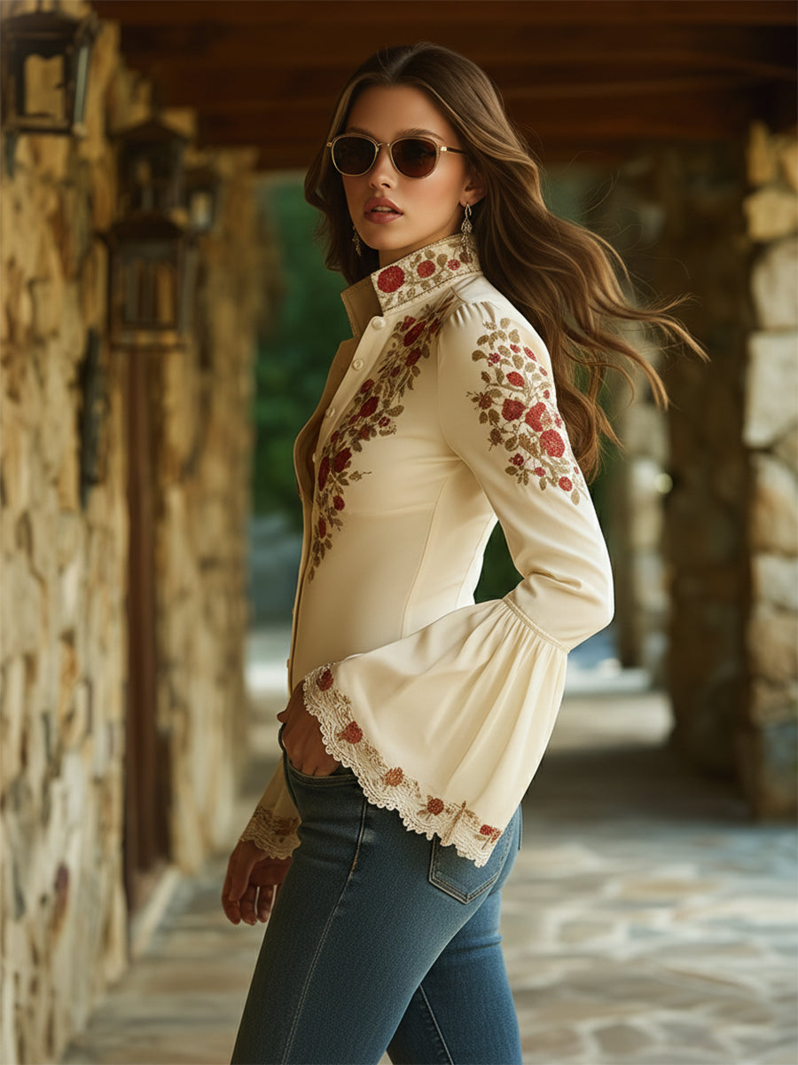Bohemian Red Rose Embroidery Off-white Bell-sleeved Shirt