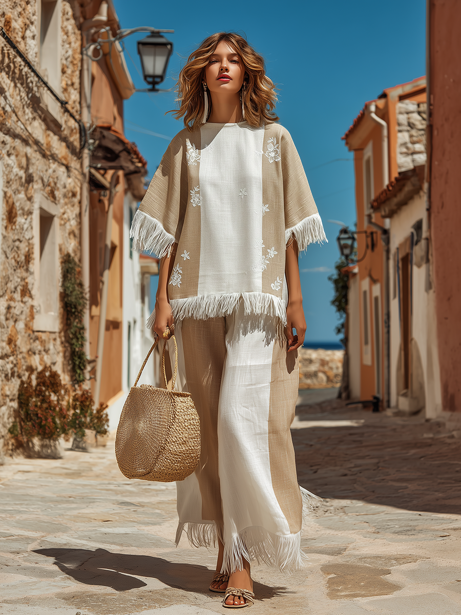 Bohemian Style Tassel Embroidered Short-sleeved Top And Skirt Set