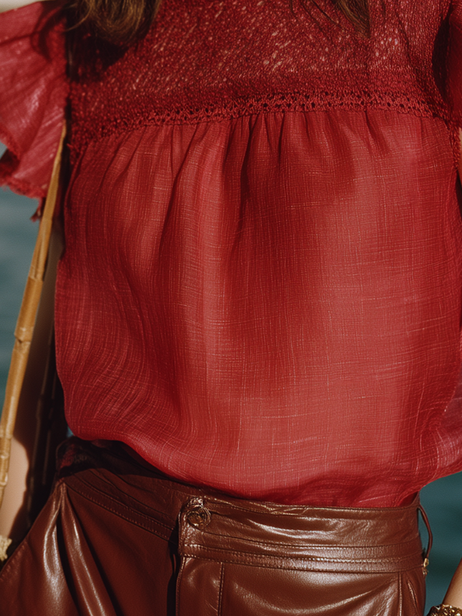 Elegant And Romantic Cotton Lace Neckline Red Top